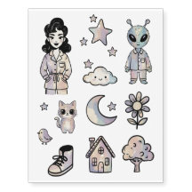 Fille pin-up féline Alien Tatouage pastel cosy