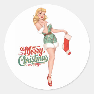 fille pin-up rétro joyeux noël autocollant vintage