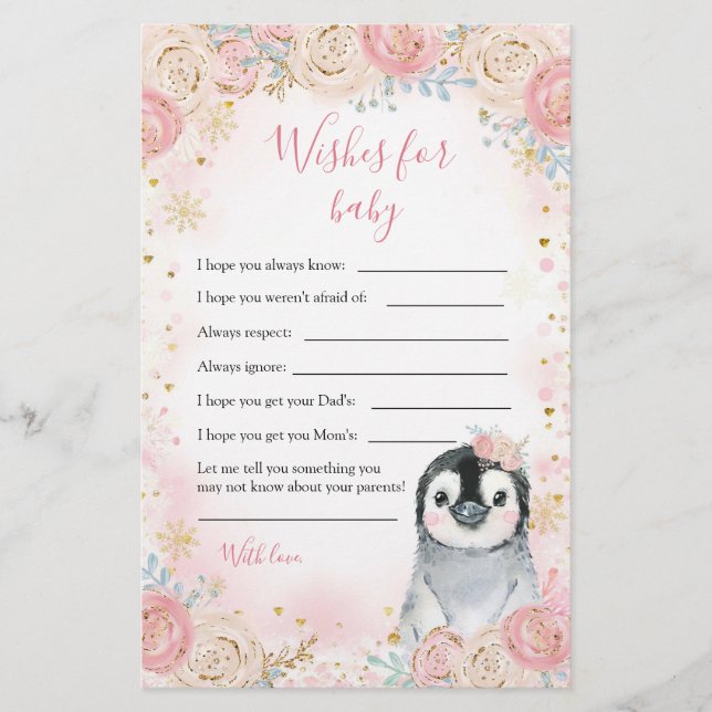 Fille Pingouin hiver Flocon de neige Voeux pour bé (Devant)