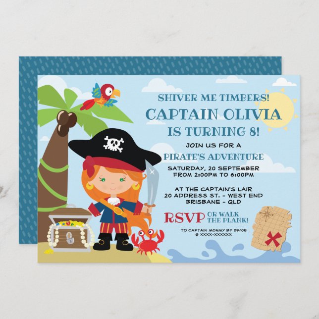 Fille Pirate Fête Invitations Anniversaire (Devant / Derrière)