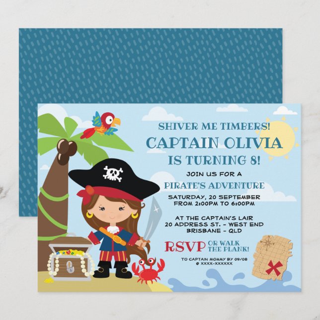 Fille Pirate Fête Invitations Anniversaire (Devant / Derrière)
