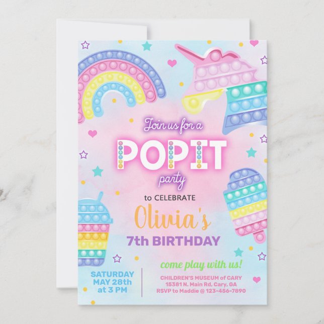 Fille popit invitation fête d'anniversaire. POPIT. (Devant)