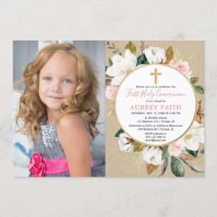 Fille première communion photo invitation rustique