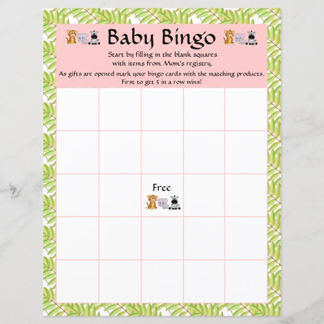 Fille rose Bingo Baby shower Safari Jungle (Devant)