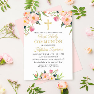 Fille rose Floral Première Communion Invitation