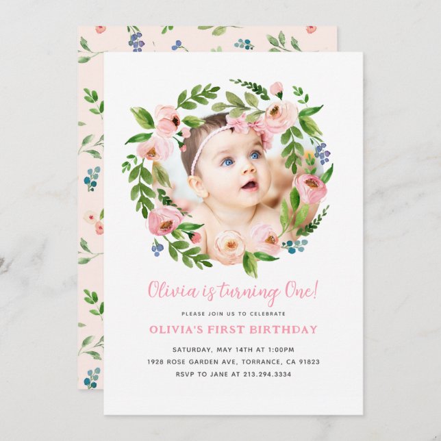 Fille rose florale 1er anniversaire Invitations |  (Devant / Derrière)