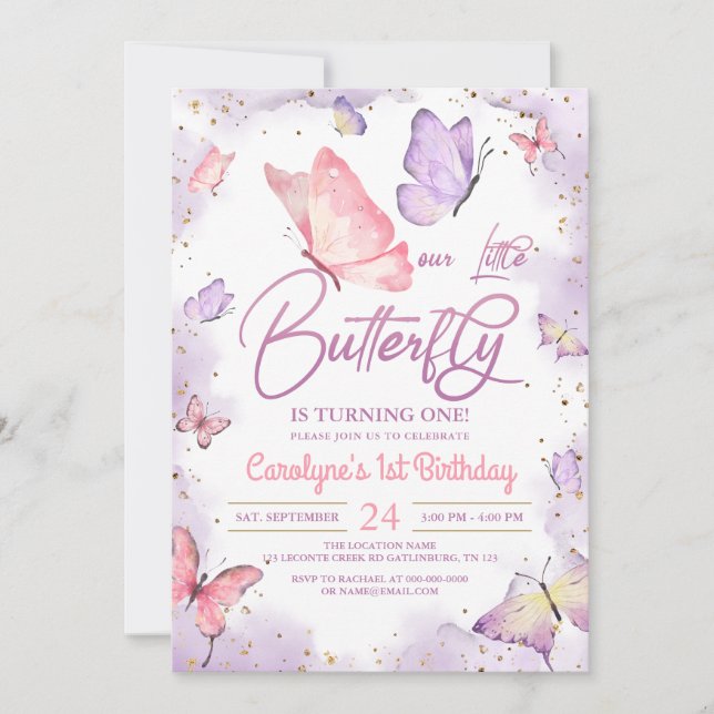 Fille rose Papillon Invitation Anniversaire (Devant)