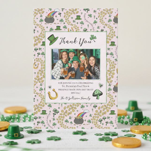 Fille rose St patrick Carte de remerciements irlan (Fun St Patrick's Day Party Thank You Cards. Irish Shamrock Green Clover Horseshoe Gold Coins Rainbow)