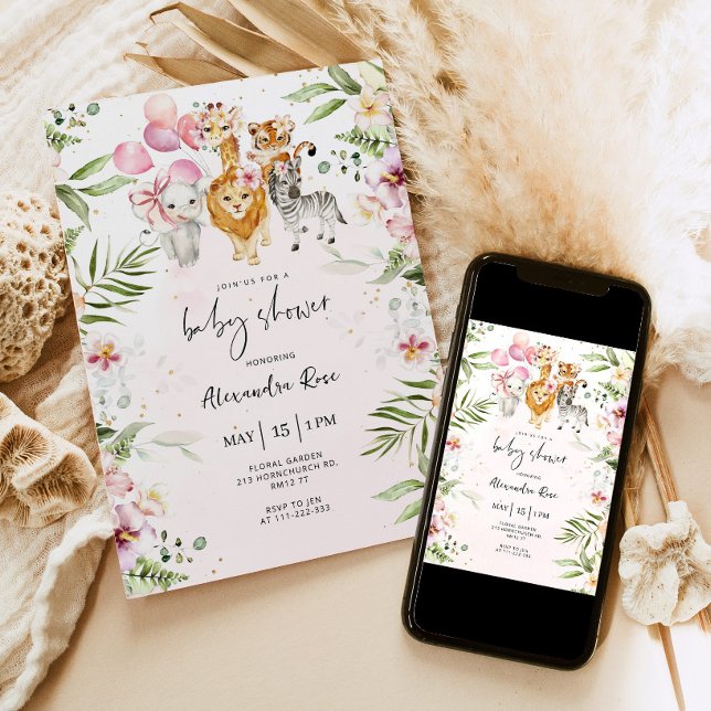 Fille Safari animaux baby shower Invitation (Créateur téléchargé)