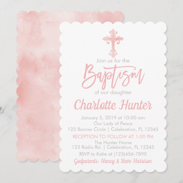 Fille Simple Élégance Pink Baptism Invitation (Devant / Derrière)
