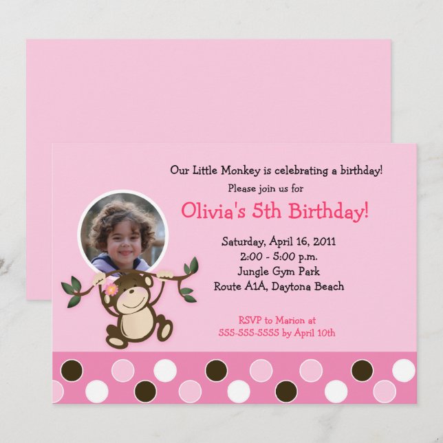 Fille Singe Photo Modèle Anniversaire Invitation (Devant / Derrière)