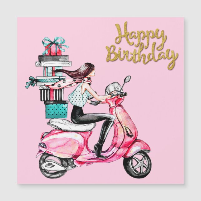 Fille sur scooter transportant des cadeaux  (Devant)