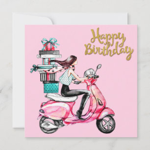 Fille sur scooter transportant des cadeaux