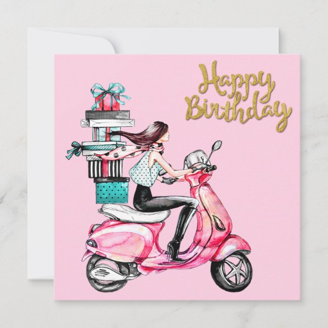 Fille sur scooter transportant des cadeaux  (Devant)