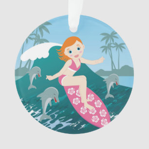 Fille surf grande vague avec dauphins