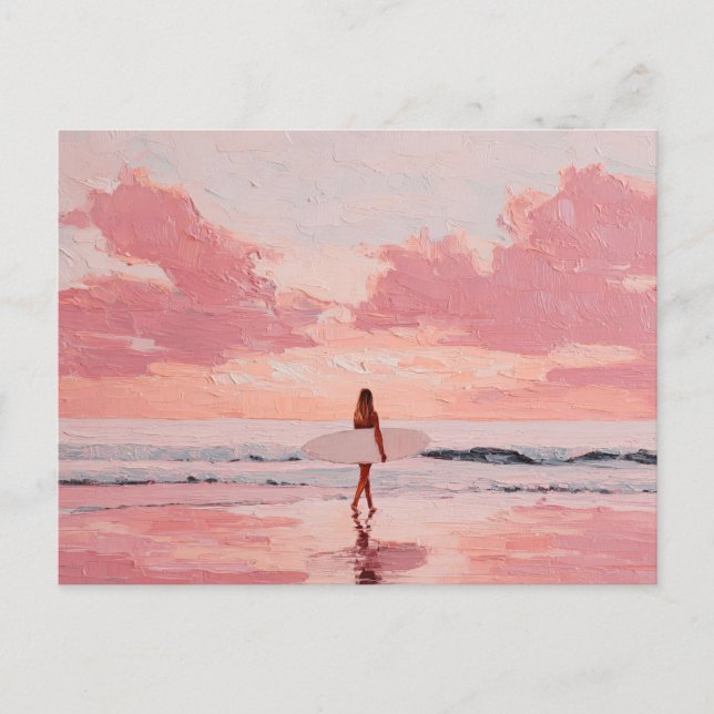 Fille surfeuse au coucher du soleil Carte postale  (Devant)