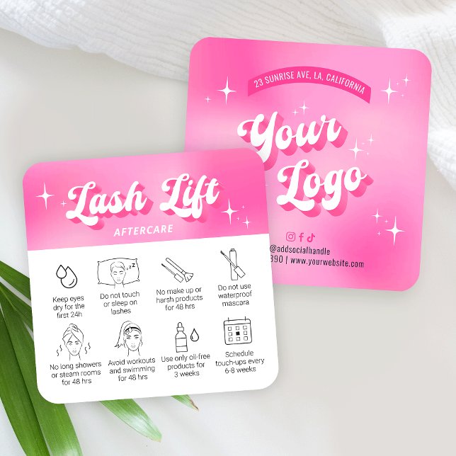 Fille tendance Rose Lash Lift & Tint cartes de soi (Trendy lash lift & tint care cards with icons, featuring girly pink design, care icons & retro fonts)