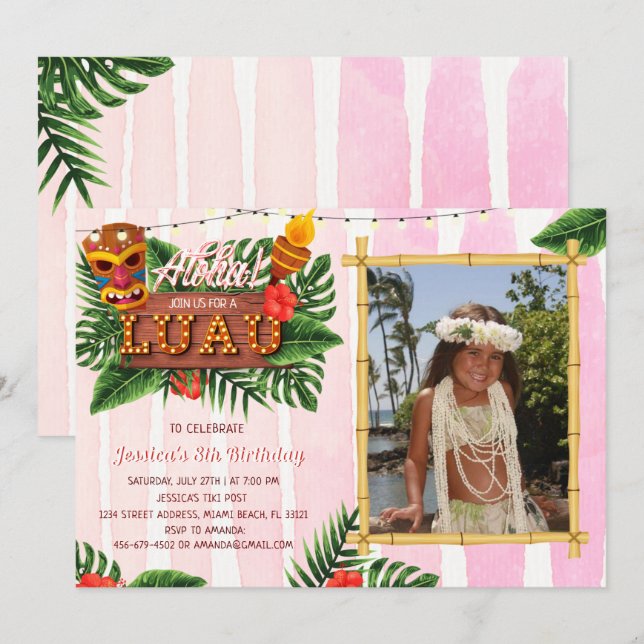 Fille Tropical Luau Invitation Anniversaire Avec P (Devant / Derrière)