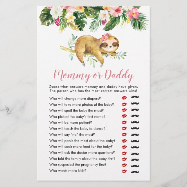 Fille tropicale Sloth Baby shower maman ou papa (Devant)