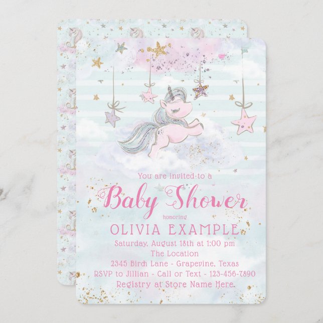 Fille Unicorn Baby Shower Invitations (Devant / Derrière)