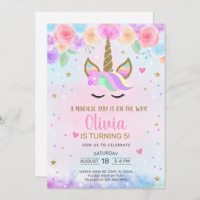 Fille Unicorne aquarelle et invitation d'anniversa (Devant / Derrière)