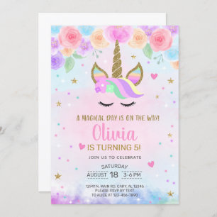 Fille Unicorne aquarelle et invitation d'anniversa