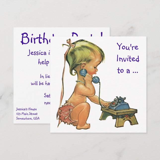 Fille vintage au téléphone, Invitation de fête d'a (Devant / Derrière)