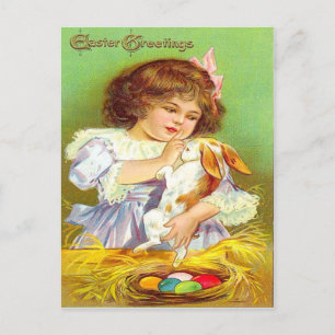 Fille Vintage avec Lapin et Œufs de Pâques Carte d