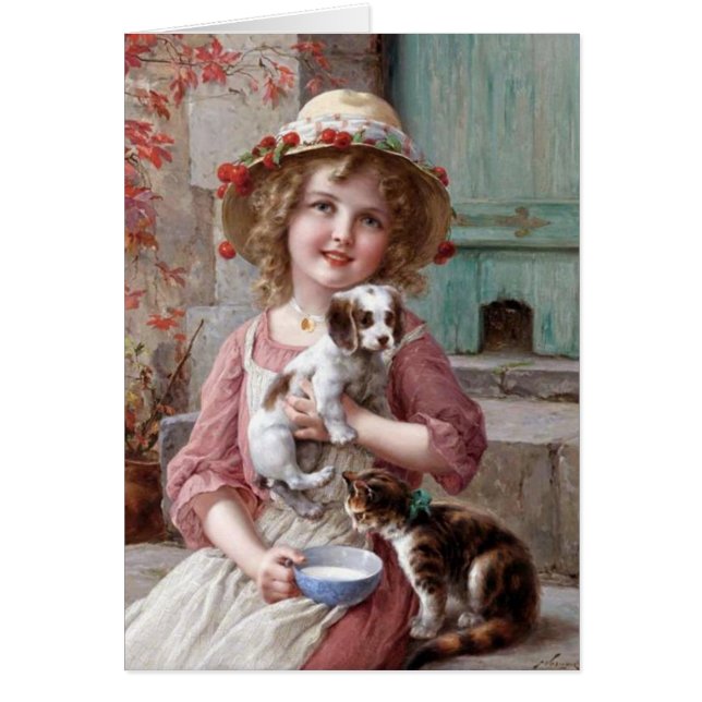 Fille vintage avec le chiot et le chaton, (Devant)