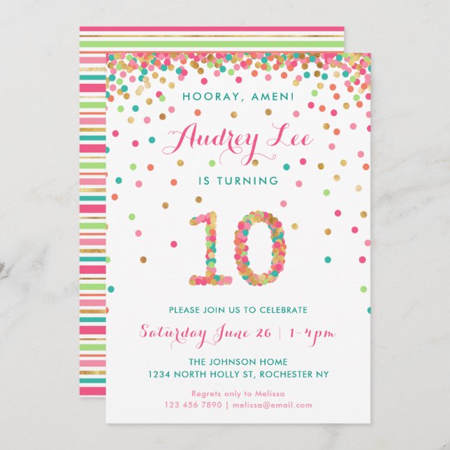 Filles 10e anniversaire Invitation fête d'annivers (Devant / Derrière)