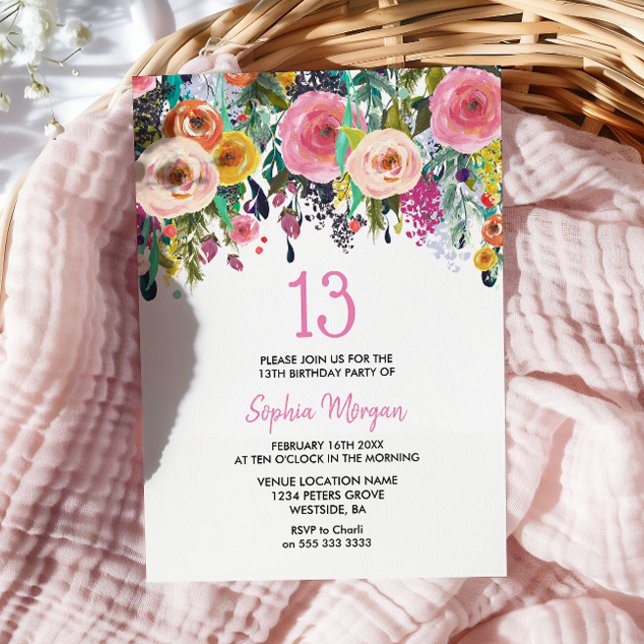 Filles 13e anniversaire Invitation Fleurs roses (Créateur téléchargé)