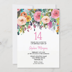 Filles 14e anniversaire Invitation Fleurs roses