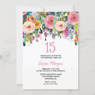Filles 15e anniversaire Invitation Fleurs roses