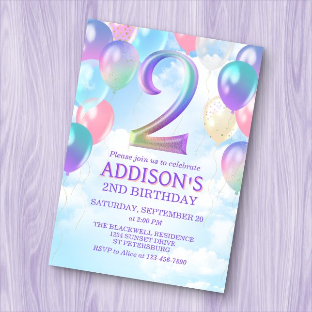 Filles 2e anniversaire Rainbow Balloons Invitation (Créateur téléchargé)