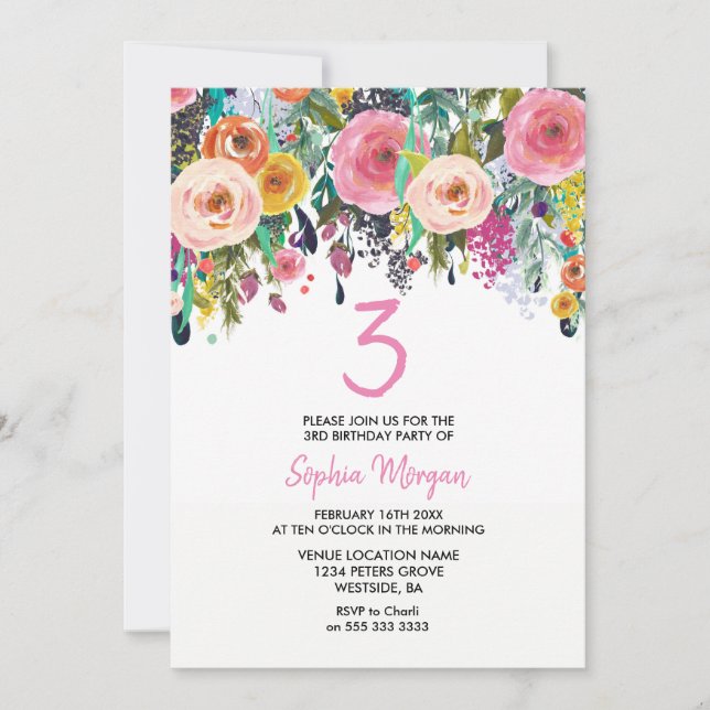 Filles 3e anniversaire Invitation de fête Peach ro (Devant)