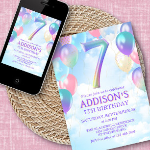 Filles 7e anniversaire Rainbow Balloons Invitation