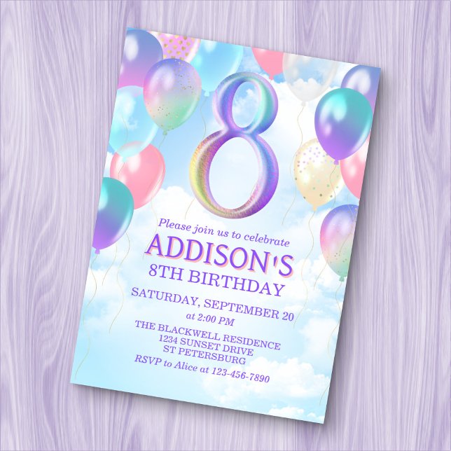 Filles 8e anniversaire Rainbow Balloons Invitation (Créateur téléchargé)