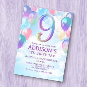 Filles 9e anniversaire Rainbow Balloons Invitation