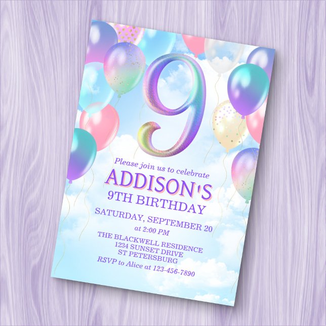 Filles 9e anniversaire Rainbow Balloons Invitation (Créateur téléchargé)