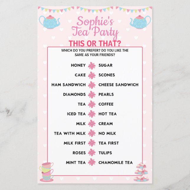 Filles Anniversaire Tea Party This or That Game (Devant)