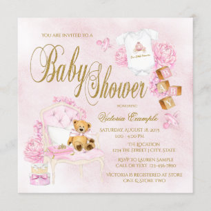 Filles Aquarelle rose Or Bébé Douche Invitations