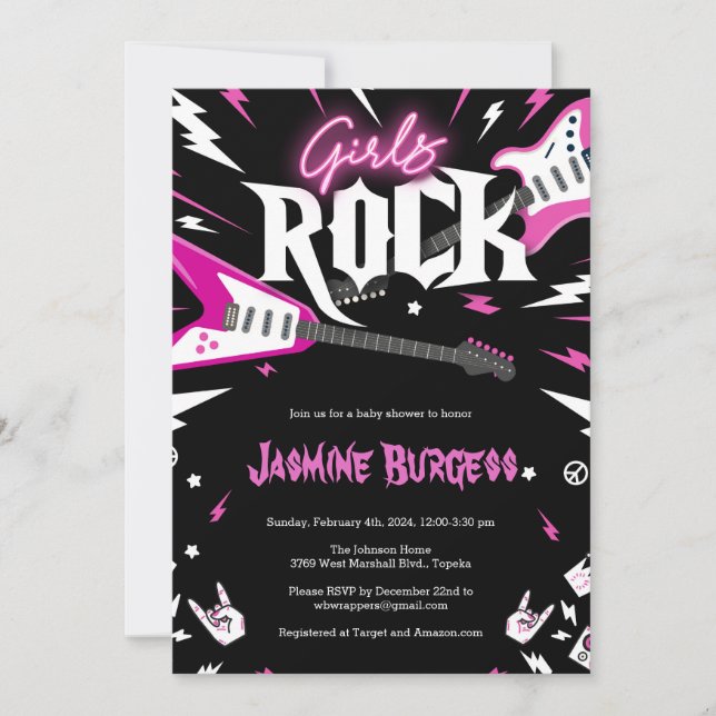 Filles Baby shower ROCK Invitation, Invitation de  (Devant)