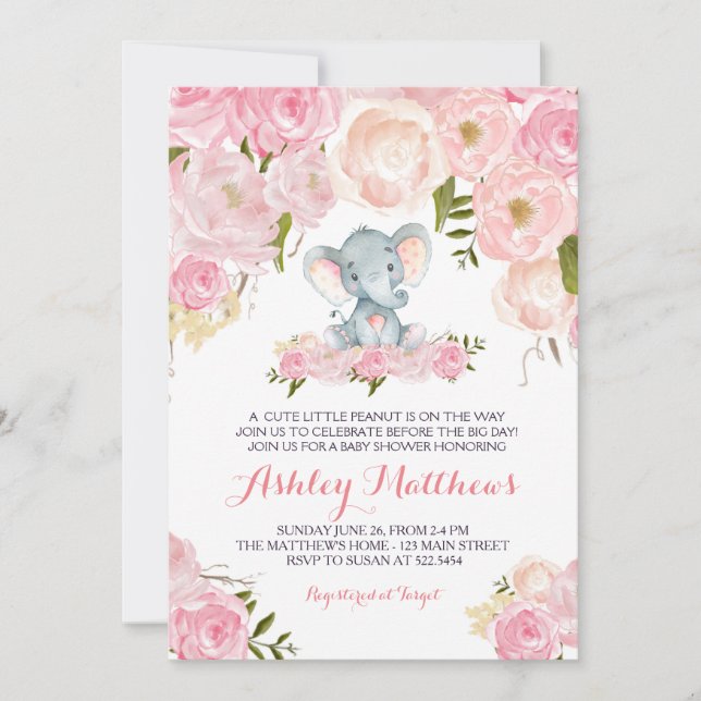 Filles bébé éléphant bébé douche Invitations (Devant)