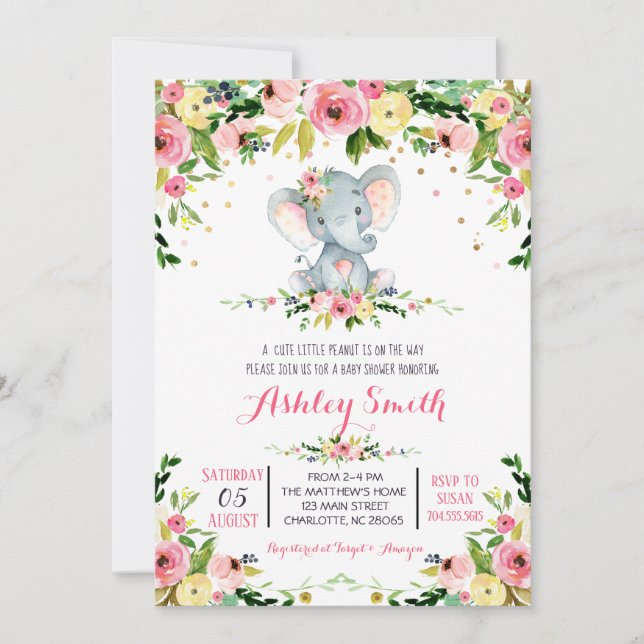 Filles bébé éléphant bébé douche Invitations (Devant)