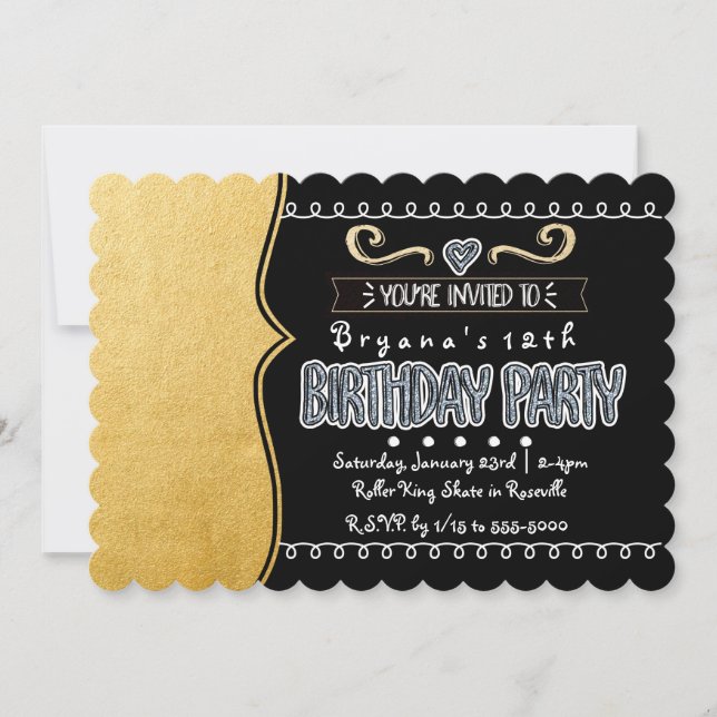 Filles Black & Gold Foil Invitations de fête d'ann (Devant)