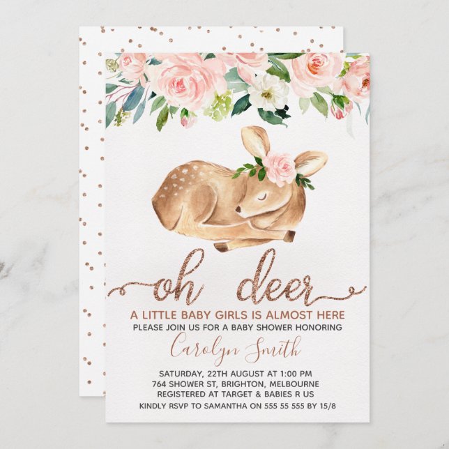 Filles Blush Floral Oh Deer Baby shower Invitation (Devant / Derrière)