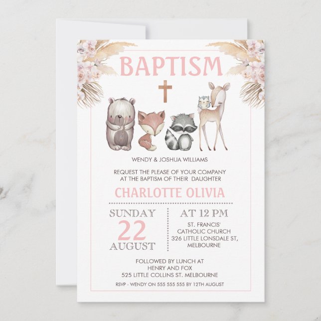 Filles Boho Boho Boho Floral Baptism Invitation (Devant)