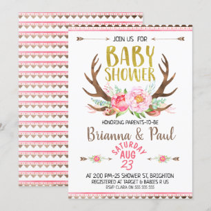 Filles Boho Floral Antlers Baby shower Invitation