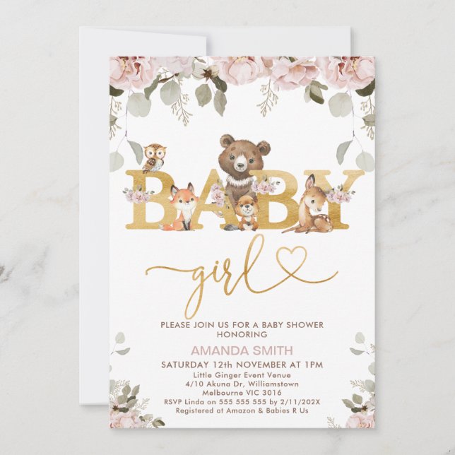 Filles Boho Floral Woodland Baby shower Invitation (Devant)