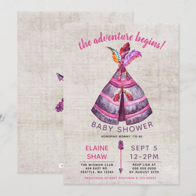 Filles Boho TeePee Baby Shower Invitations (Devant / Derrière)